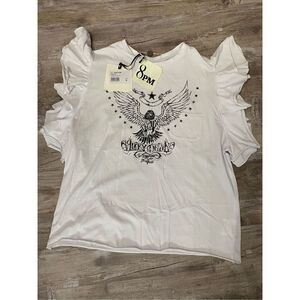 8PM White Edera Pocket T-Shirt Ruffled Short Sleeve Lucky Devil Womens Sz Medium